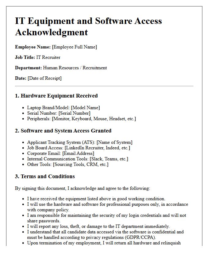 New Recruiter IT Equipment and Software Access Acknowledgment Letter