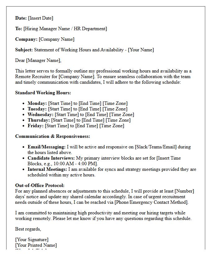 Remote Recruiter Working Hours and Availability Letter