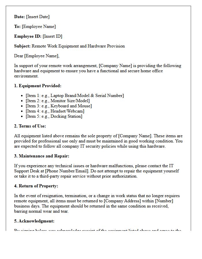 Remote Work Equipment and Hardware Provision Letter