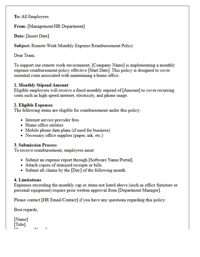 Remote Work Monthly Expense Reimbursement Policy Letter