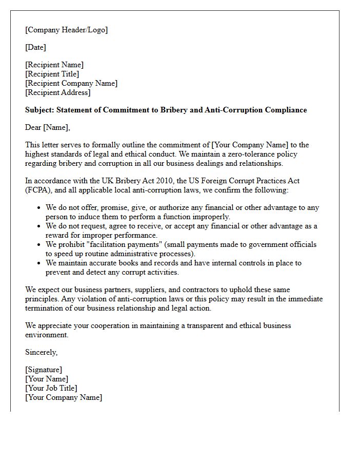 Bribery and Anti-Corruption Compliance Letter