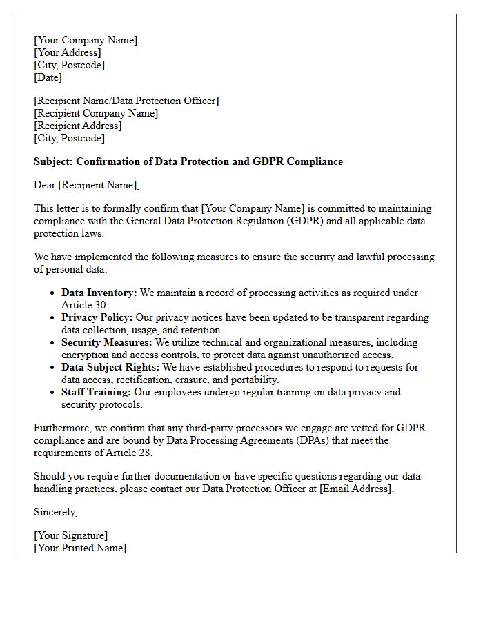 Data Protection and GDPR Compliance Letter