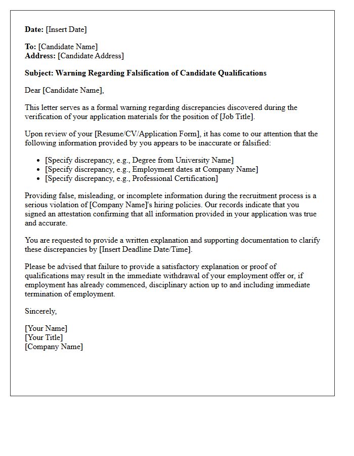 Falsification of Candidate Qualifications Warning Letter
