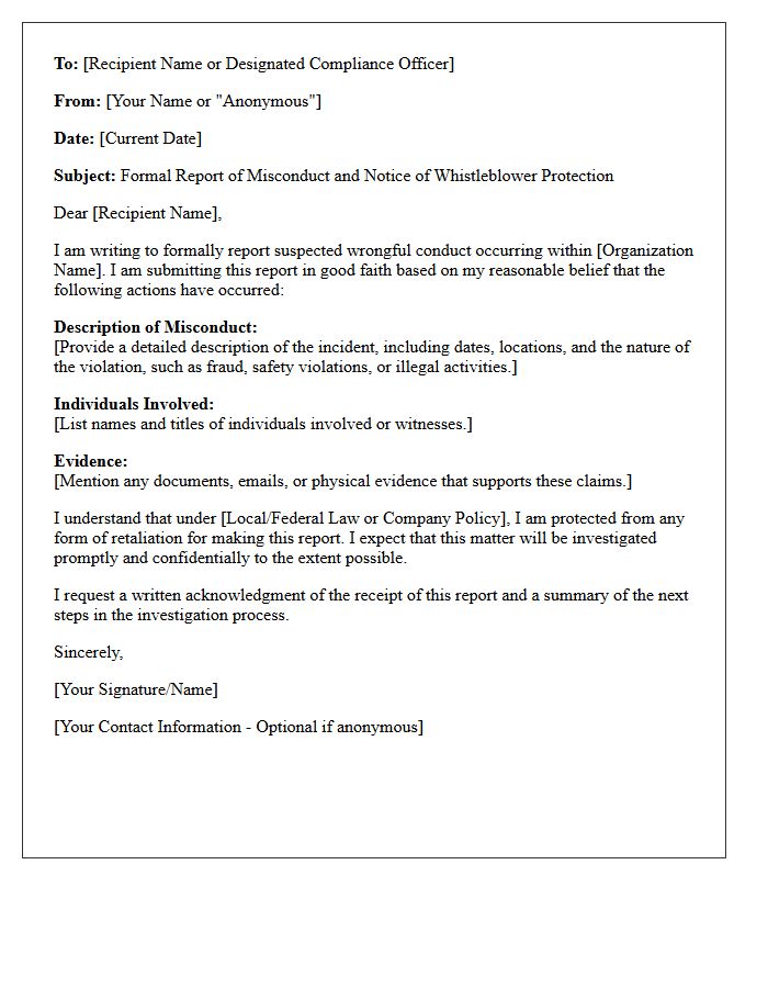Whistleblower Protection and Reporting Letter