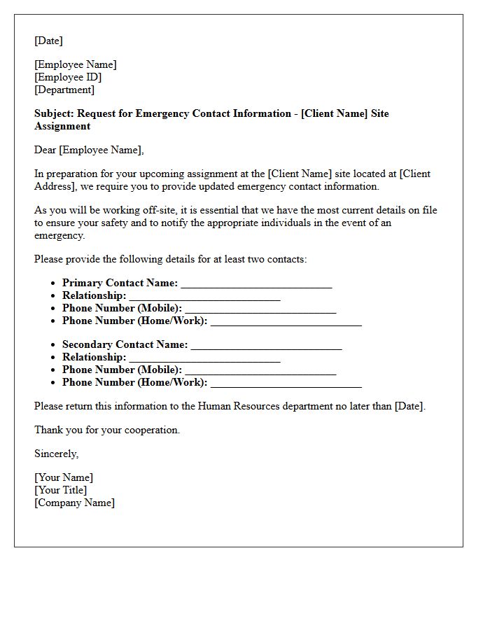 Client-Site Assignment Emergency Contact Request Letter