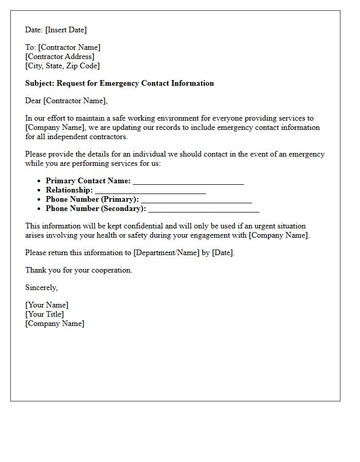 Independent Contractor Emergency Contact Request Letter