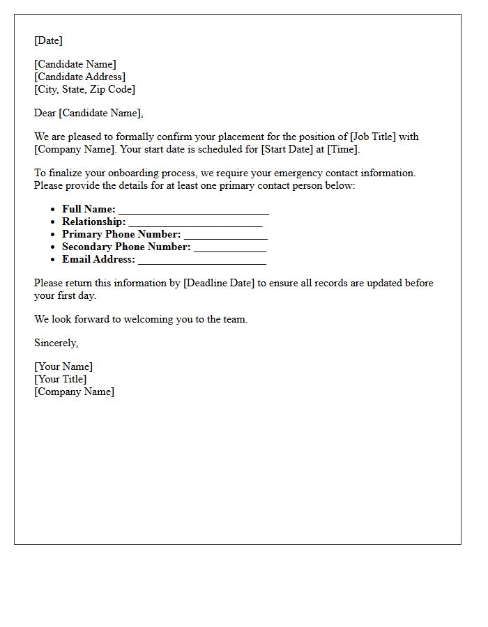 Placement Confirmation Emergency Contact Request Letter