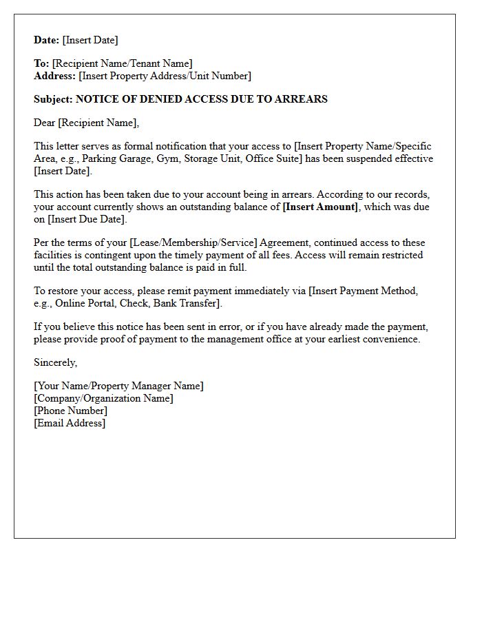 Notice of Denied Access Due to Arrears Letter