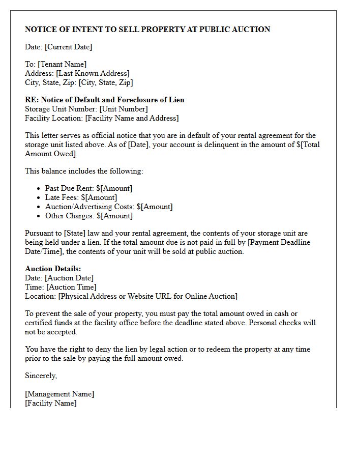 Notice of Intent to Auction Storage Contents Letter