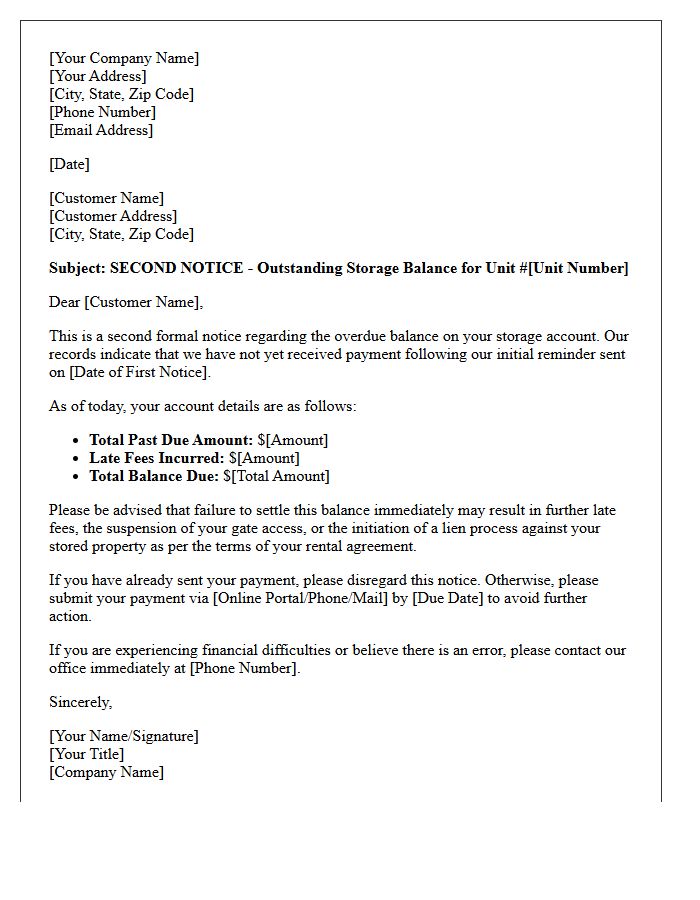 Second Notice of Outstanding Storage Balance Letter