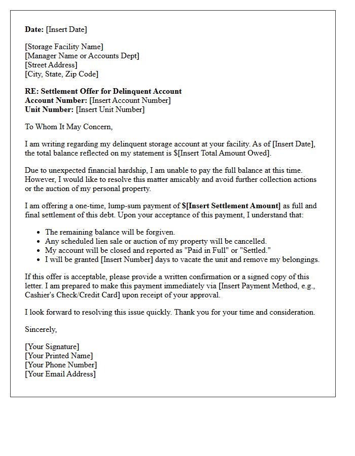 Settlement Offer for Delinquent Storage Account Letter
