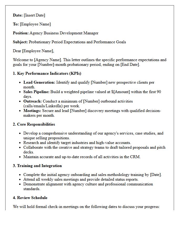 Agency Business Development Manager Probationary Period Expectations Letter