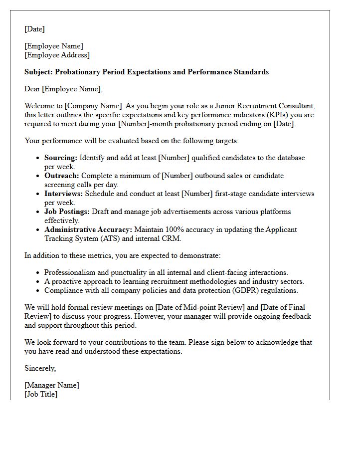 Junior Recruitment Consultant Probationary Period Expectations Letter