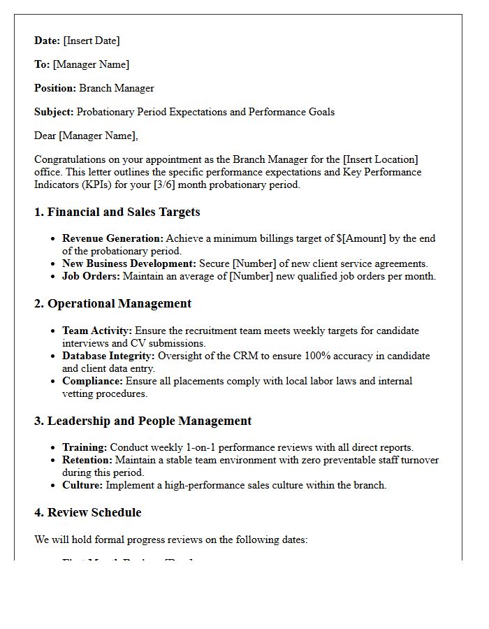 Recruitment Agency Branch Manager Probationary Period Expectations Letter