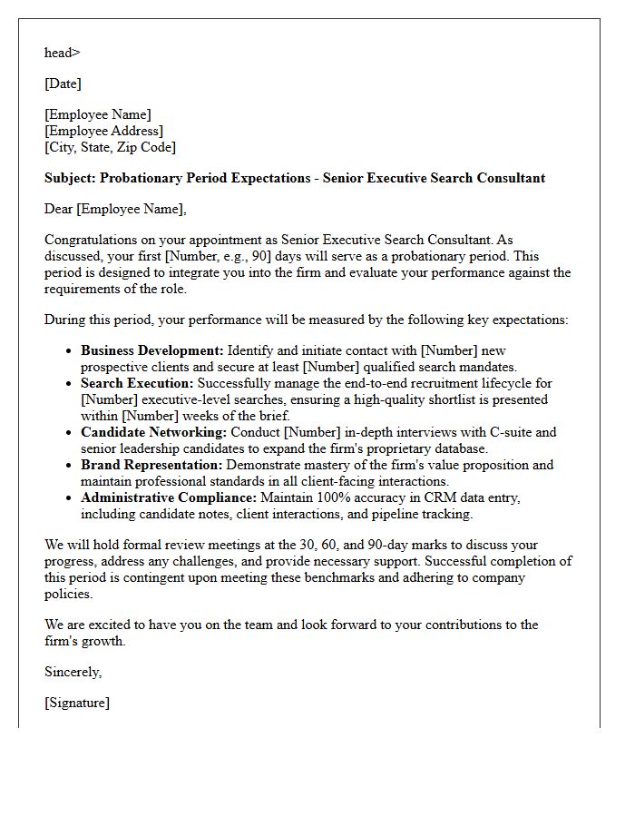 Senior Executive Search Consultant Probationary Period Expectations Letter