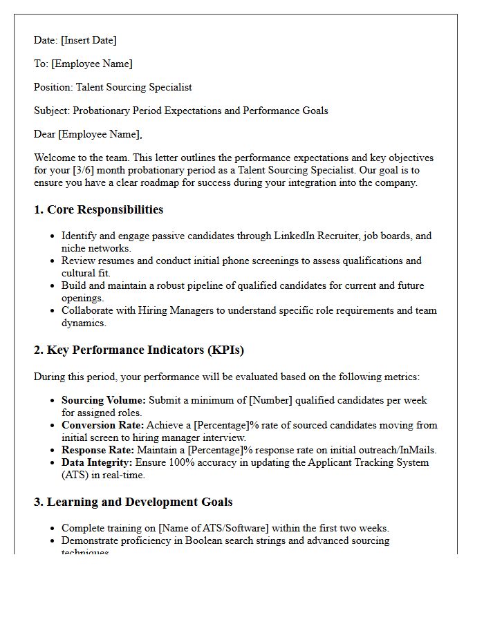 Talent Sourcing Specialist Probationary Period Expectations Letter