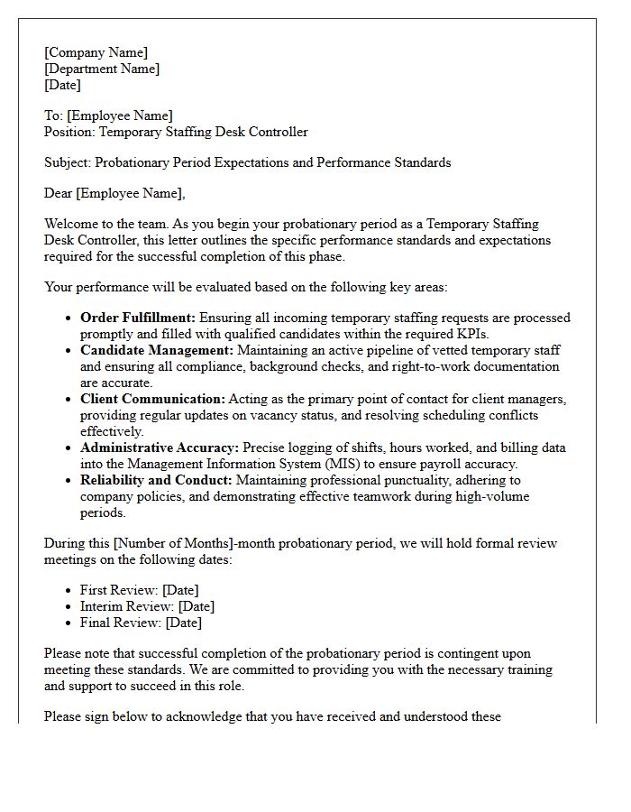 Temporary Staffing Desk Controller Probationary Period Expectations Letter