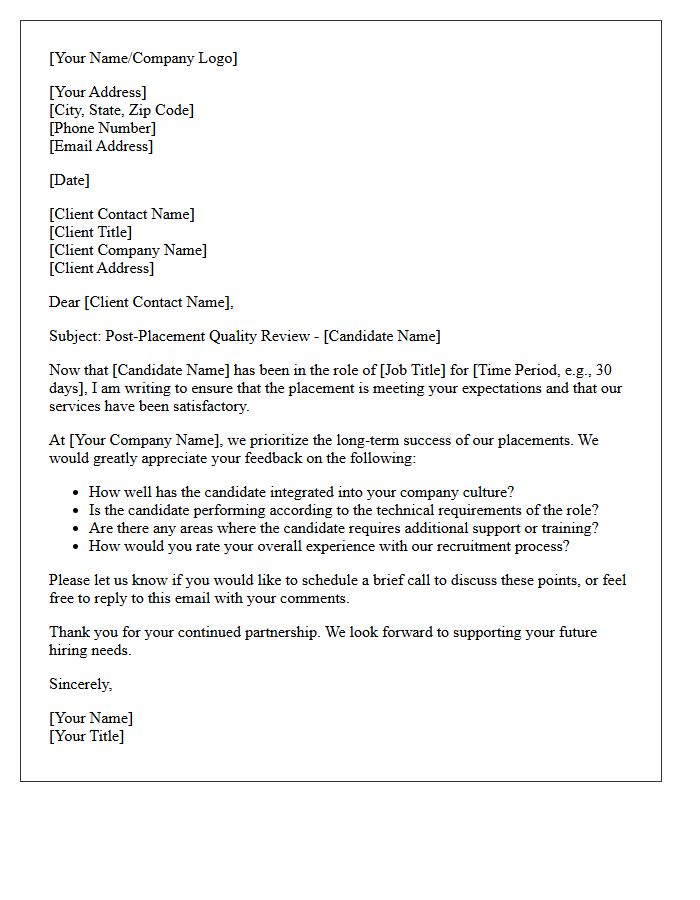 Post-Placement Quality Assurance Letter