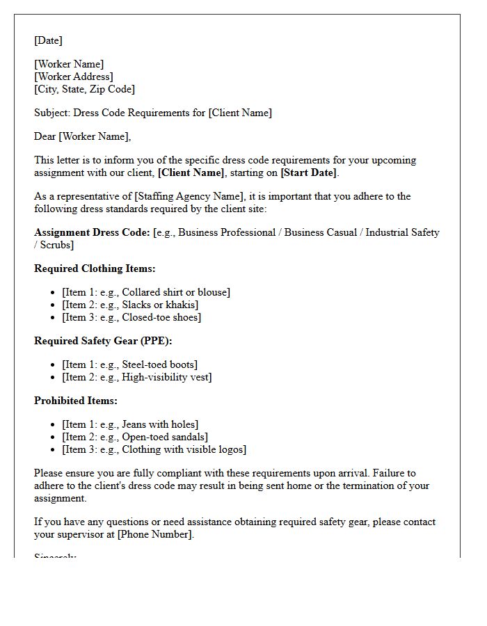 Client Specific Temporary Worker Dress Code Letter