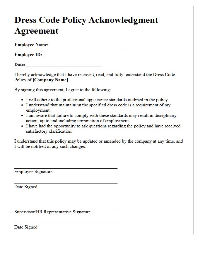 Dress Code Policy Acknowledgment Agreement Letter