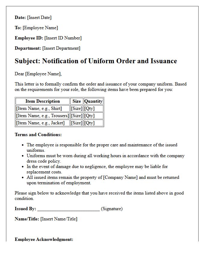 Employee Uniform Order and Issuance Letter