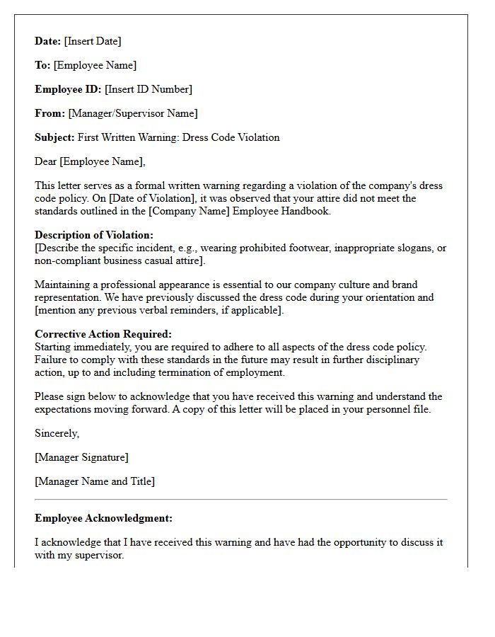 First Warning Dress Code Violation Letter