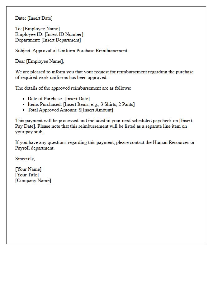 Uniform Purchase Reimbursement Approval Letter