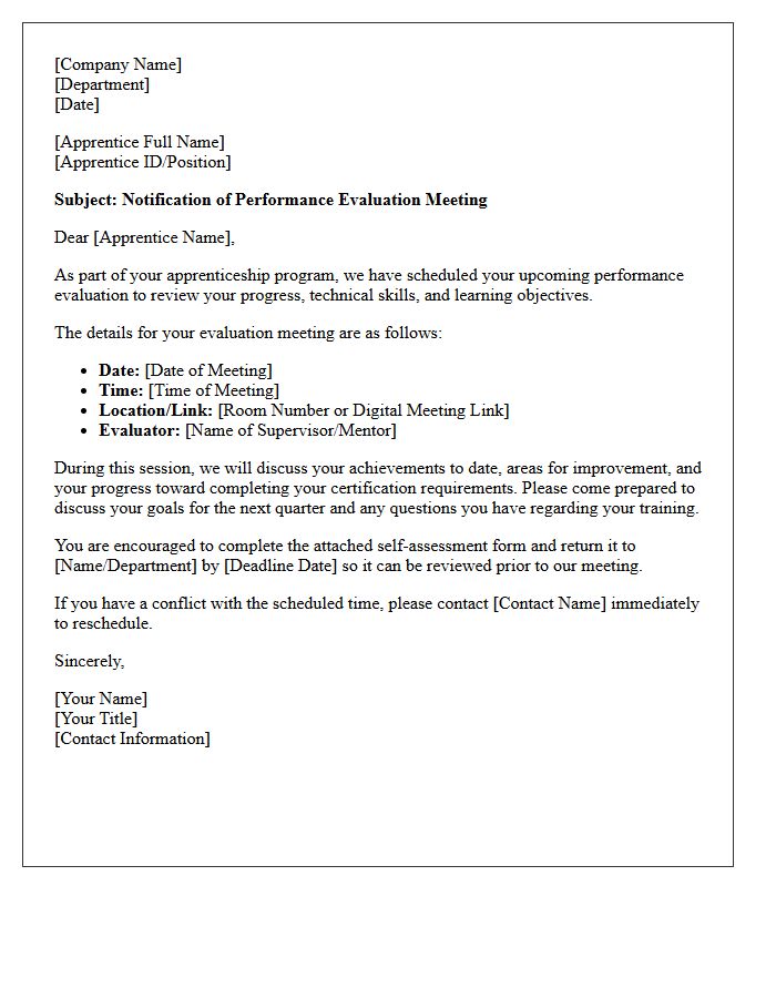 Apprentice Performance Evaluation Schedule Letter