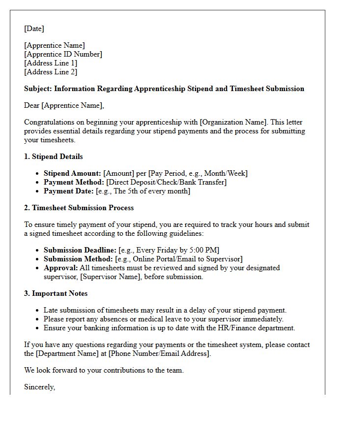 Apprenticeship Stipend and Timesheet Information Letter