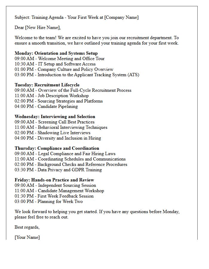 First Week Recruitment Training Agenda Letter