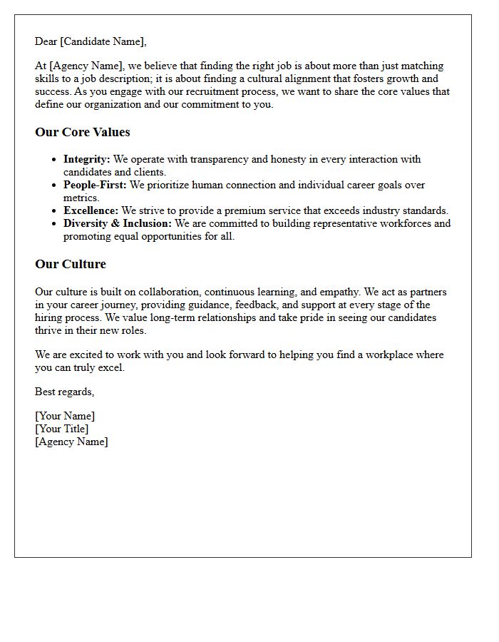 Recruitment Agency Core Values and Culture Letter