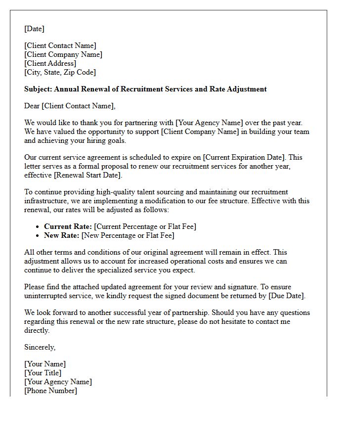 Annual Recruitment Service Renewal Letter With Rate Modification