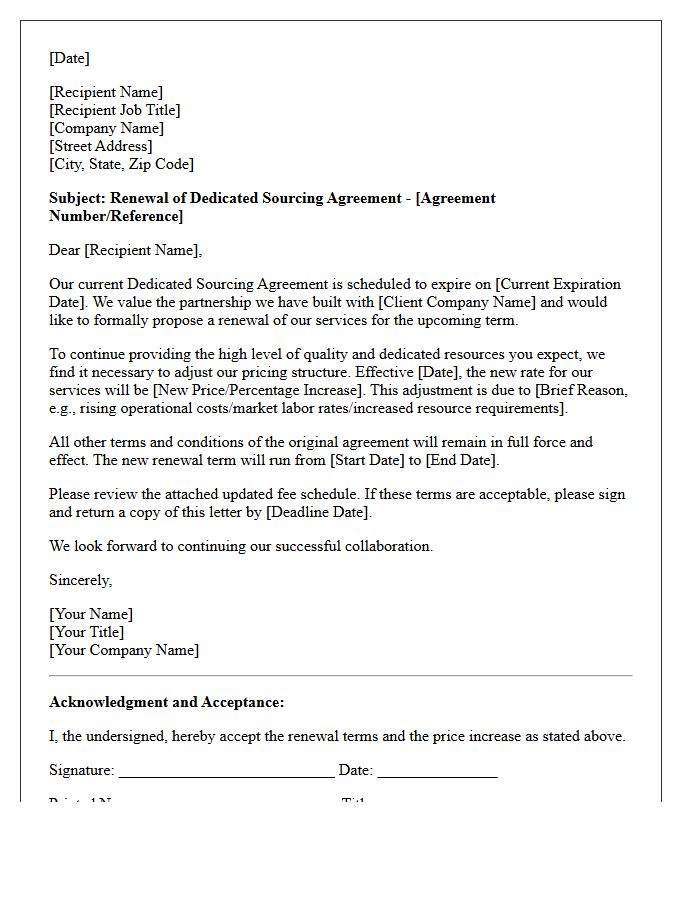 Dedicated Sourcing Agreement Renewal Letter With Price Increase