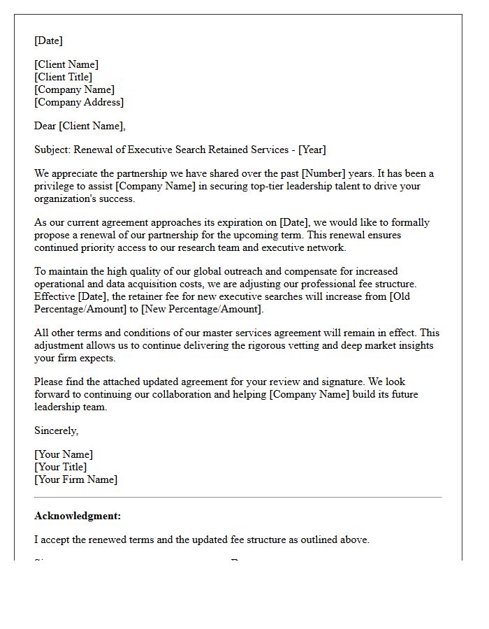 Executive Search Retainer Renewal Letter With Fee Increase