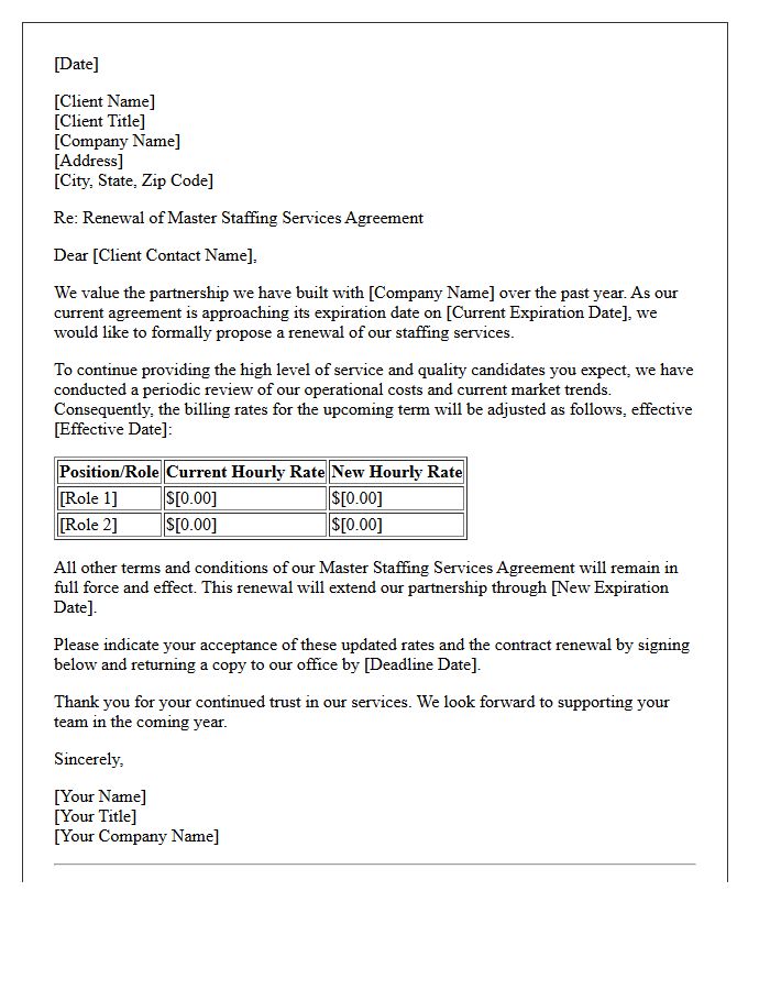 Master Staffing Service Renewal Letter With Adjusted Billing Rates