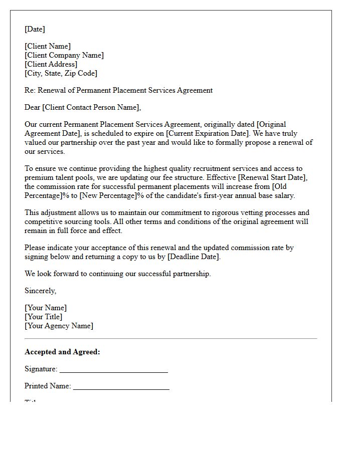 Permanent Placement Agreement Renewal Letter With Commission Increase