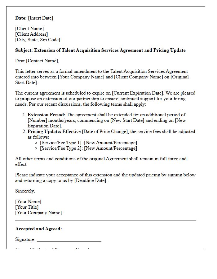 Talent Acquisition Agreement Extension Letter With Pricing Update