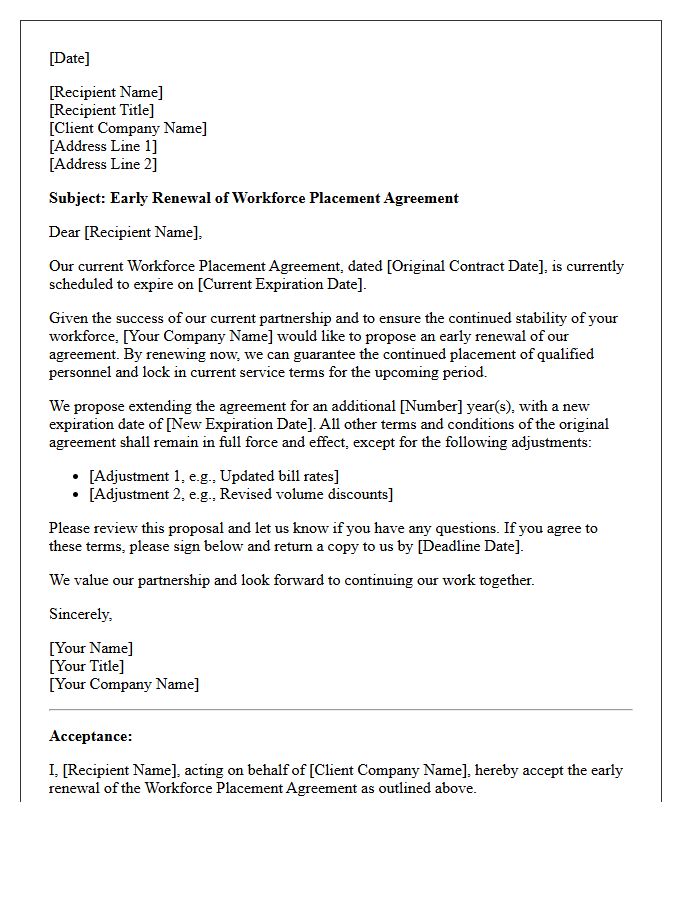 Workforce Placement Agreement Early Renewal Letter