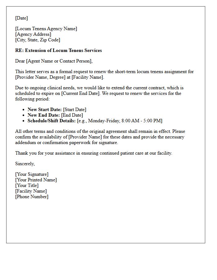 Facility Requested Short-Term Locum Tenens Renewal Letter