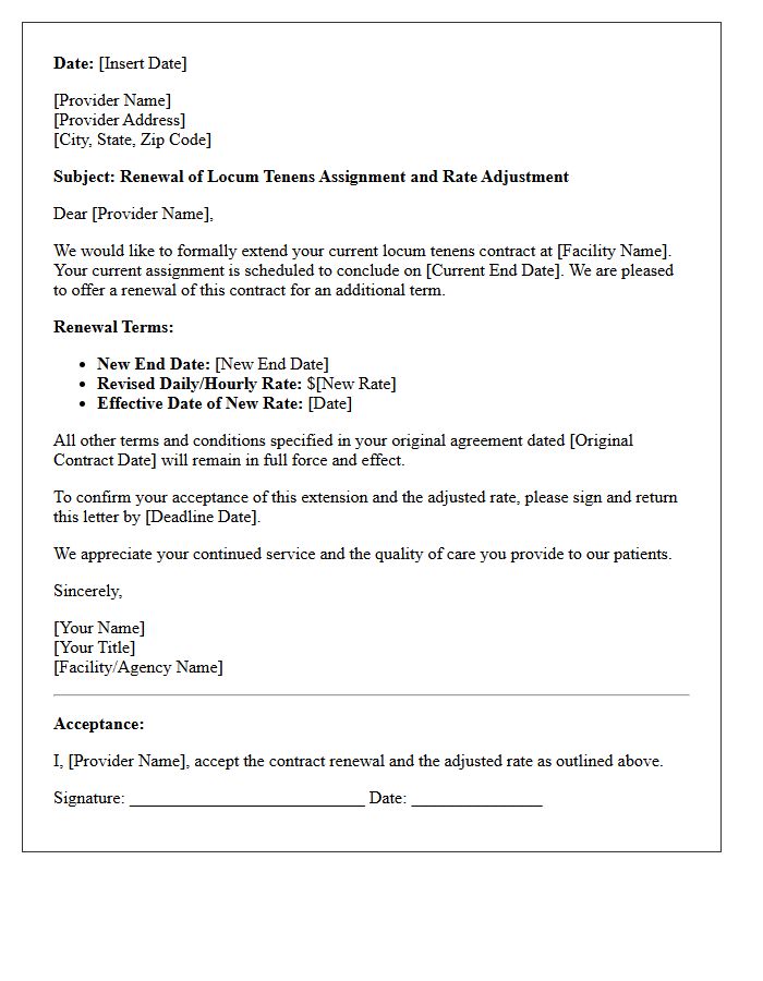 Locum Tenens Short-Term Contract Renewal Letter With Rate Adjustment
