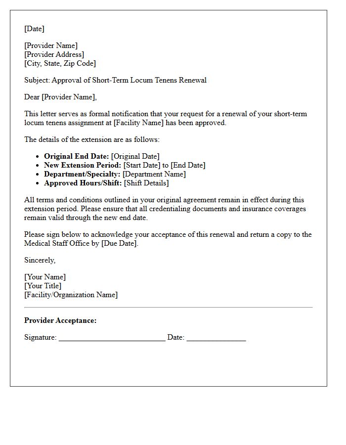 Provider Approved Short-Term Locum Tenens Renewal Letter