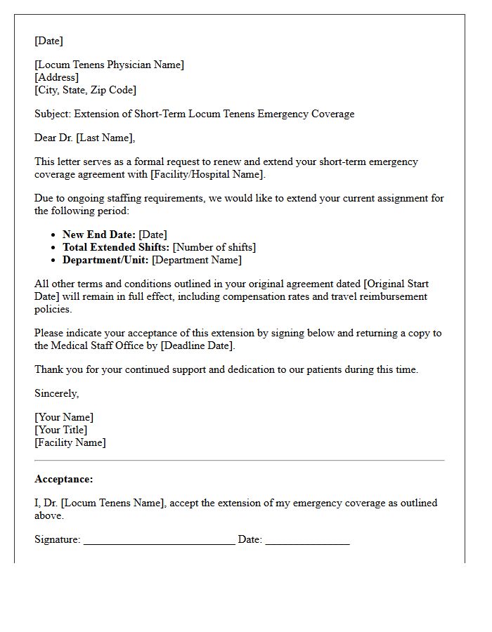 Short-Term Locum Tenens Emergency Coverage Renewal Letter