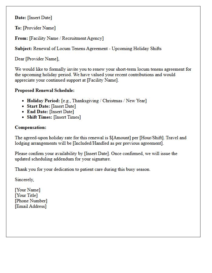 Short-Term Locum Tenens Holiday Shift Renewal Letter