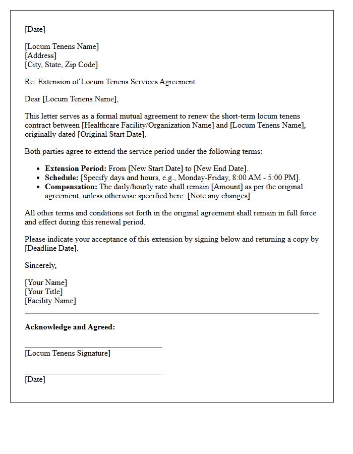 Short-Term Locum Tenens Mutual Agreement Renewal Letter