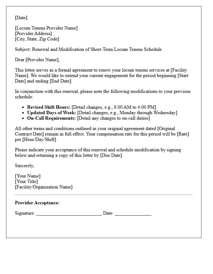 Short-Term Locum Tenens Schedule Modification Renewal Letter