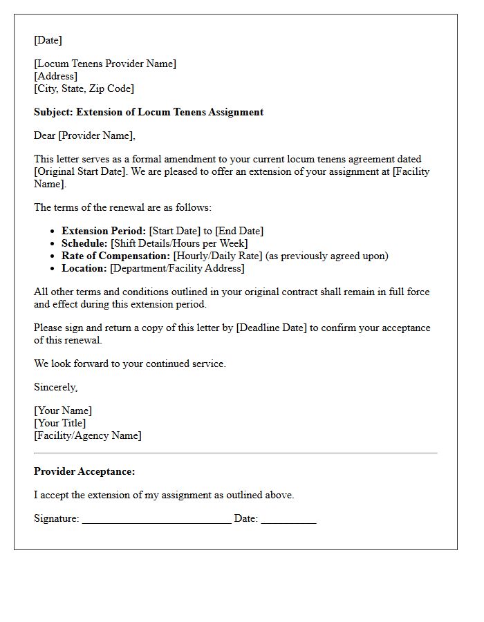 Standard Short-Term Locum Tenens Renewal Letter