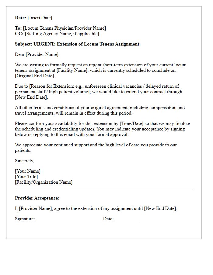 Urgent Short-Term Locum Tenens Extension Letter