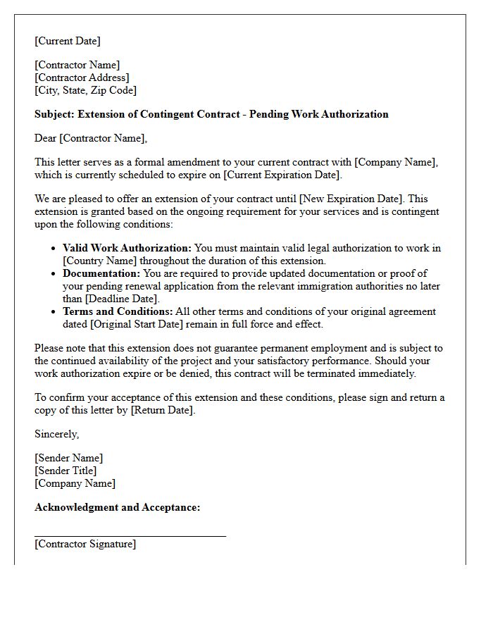 Work Authorization Contingent Contractor Extension Letter