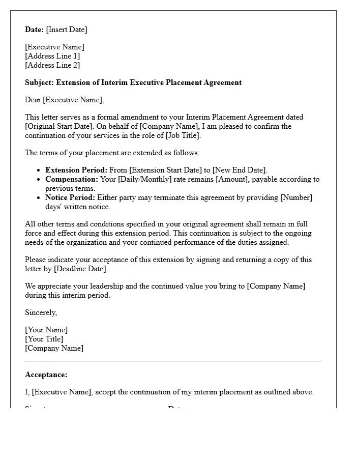 Executive Interim Placement Contract Continuation Letter