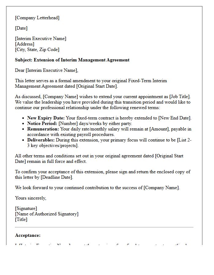 Fixed-Term Executive Interim Management Renewal Letter